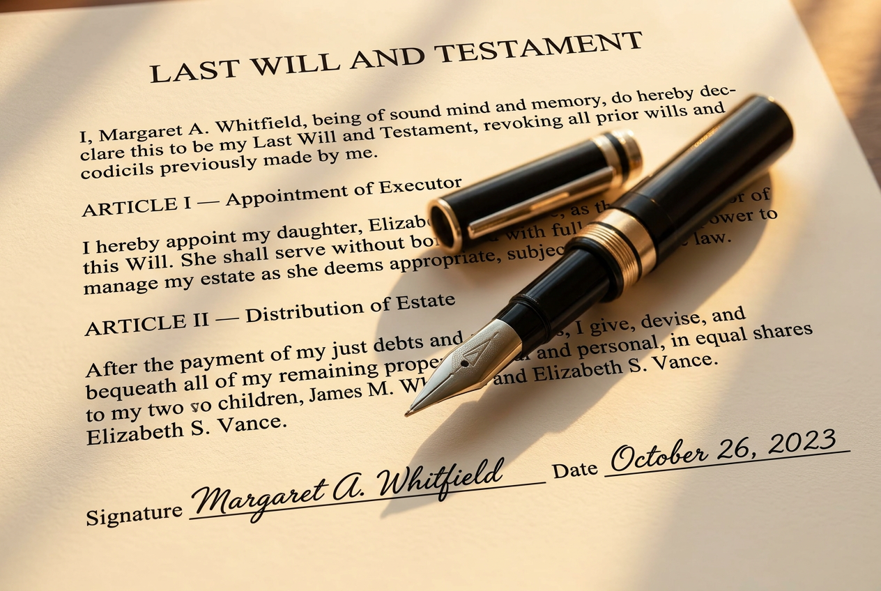 Luxury fountain pen resting on a signed legal document